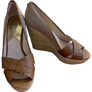 MICHAEL KORS Women's 9 Brown leather & canvas wedge sandals espadrille heels